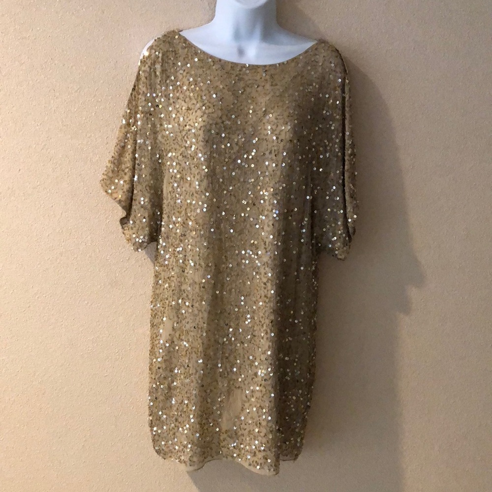 CACHE Gold Sequined Cold Shoulder Dress Size 2